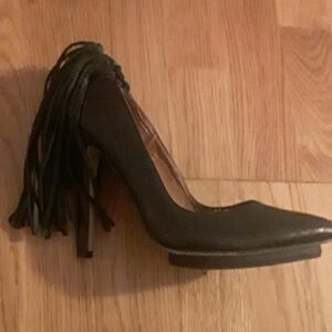 Stunning black leather fringed  heels